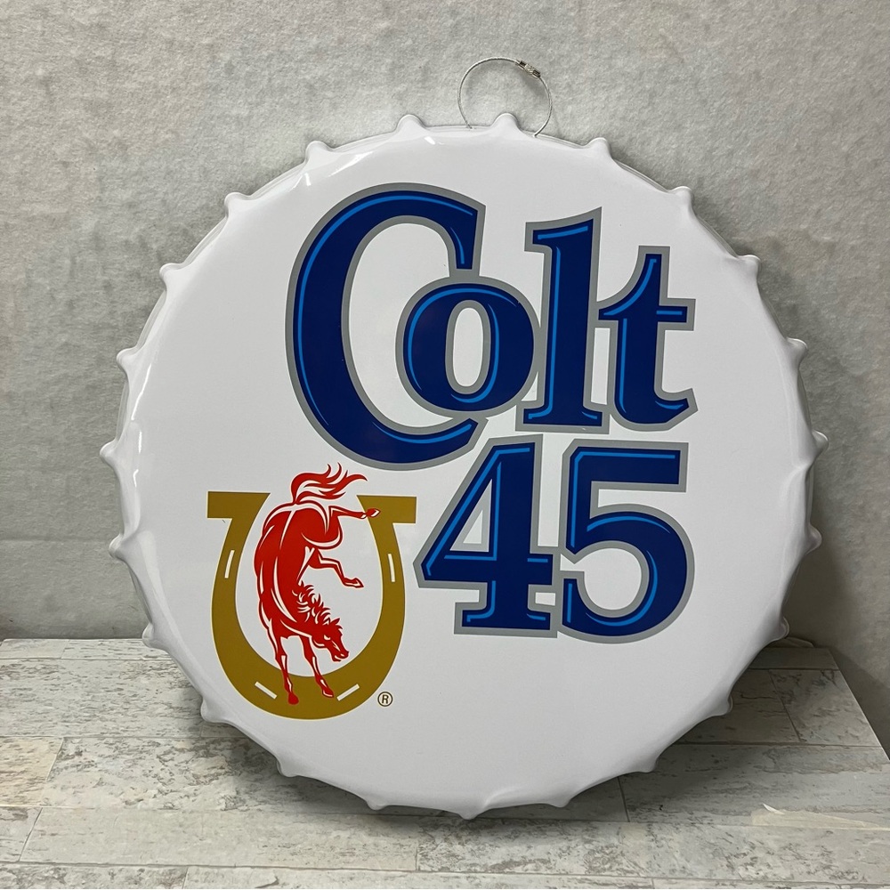 Colt 45 Beer Bottle Cap Tin Sign 16" Diameter Man Cave Bar Garage Wall Sign
